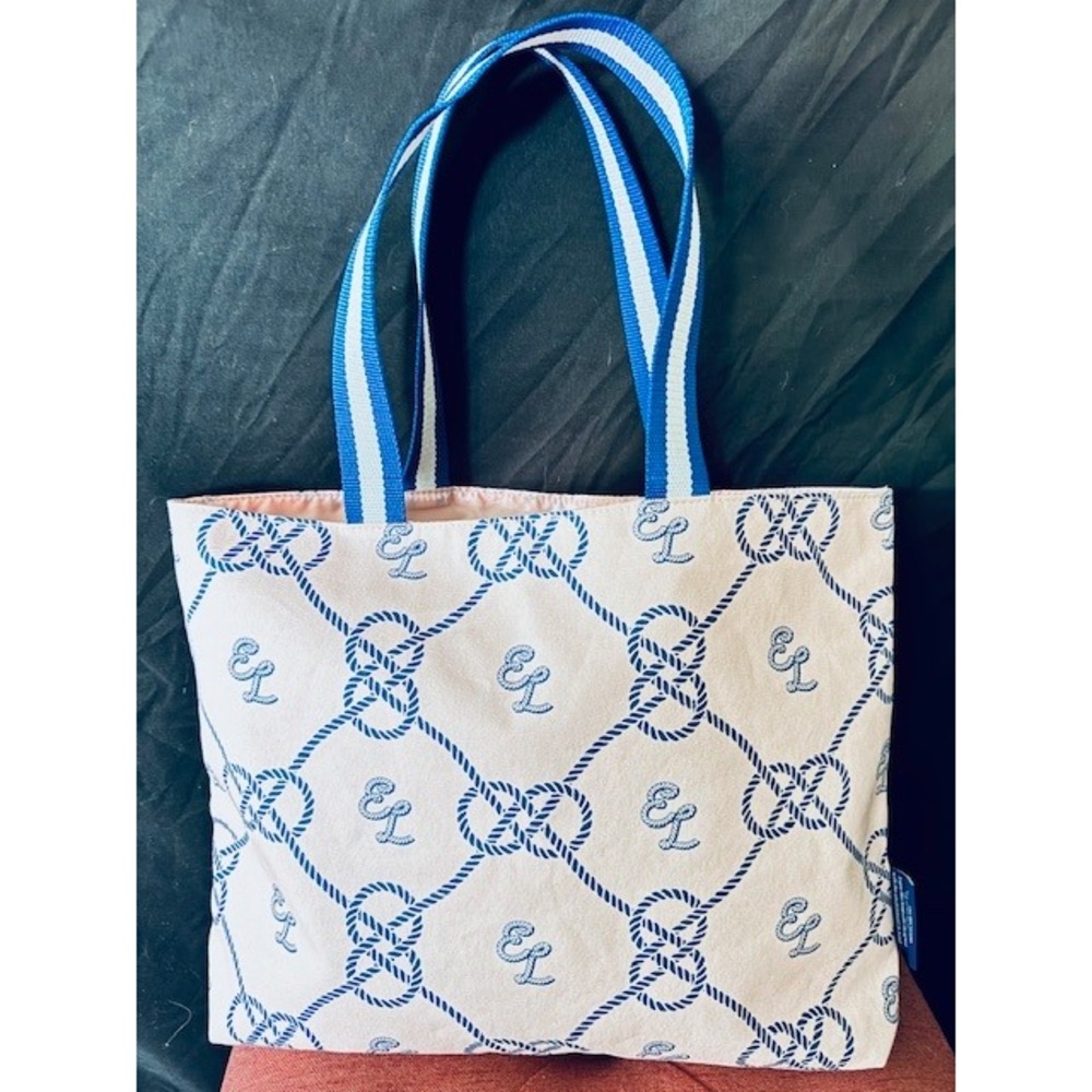 Estee Lauder Recycled Canvas Tote Bag Nautical Rope Knot Monogram Blue Peach